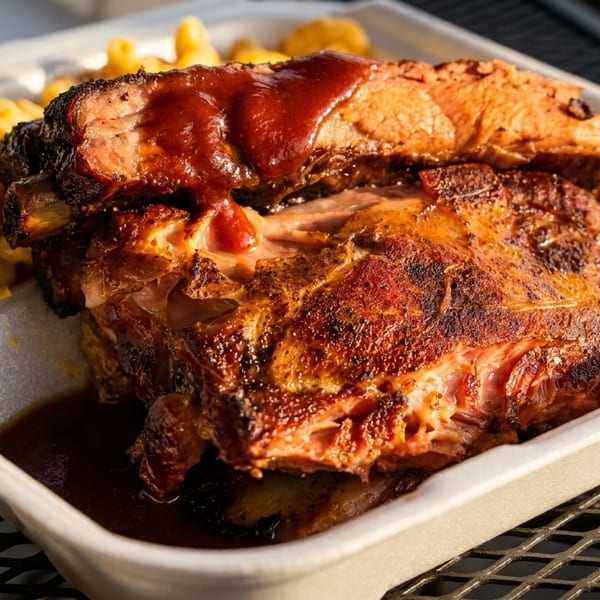 BBQ ribs with sauce and a side of macaroni and cheese in a white takeout container.