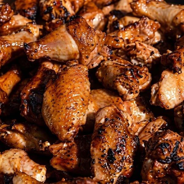 Close-up of a large pile of glistening, grilled chicken wings with crispy skin.