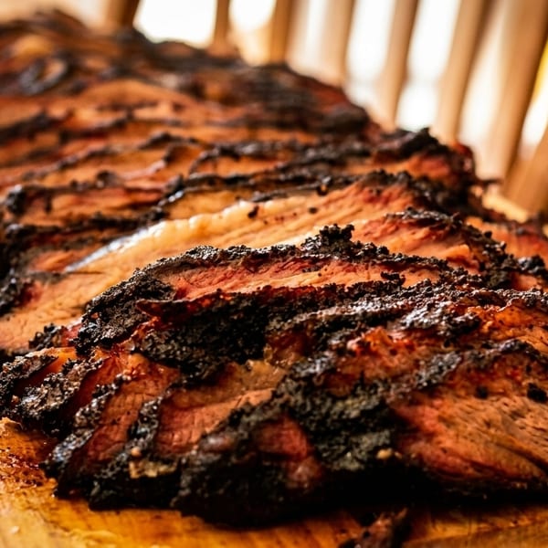 Close-up of perfectly smoked brisket slices with a dark, crispy bark on a wooden cutting board.
